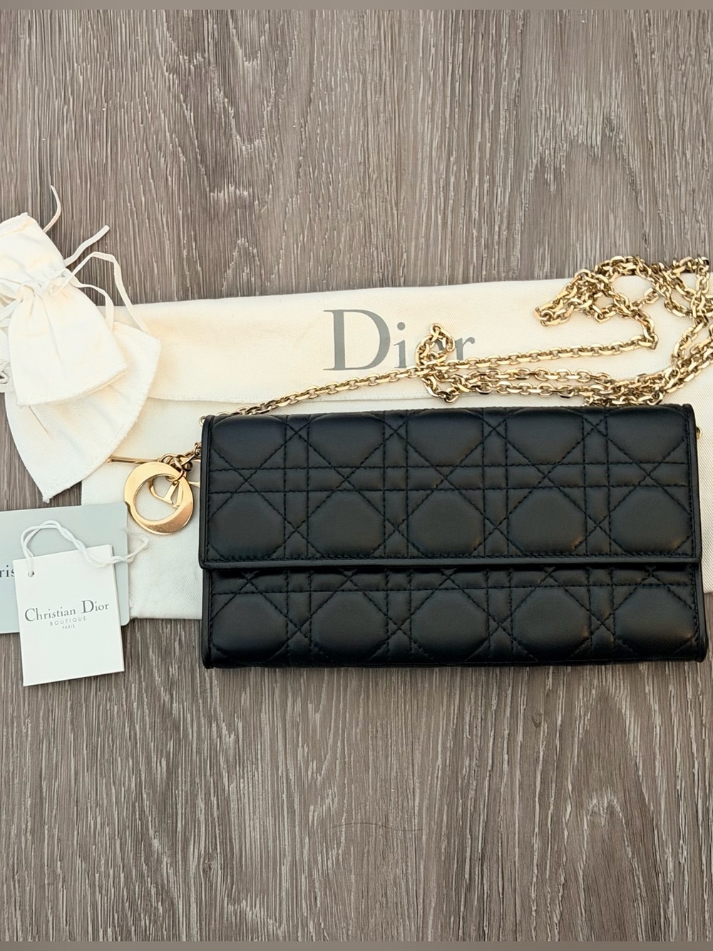 Christian Dior lambskin leather wallet on chain shoulder bag/ Gold